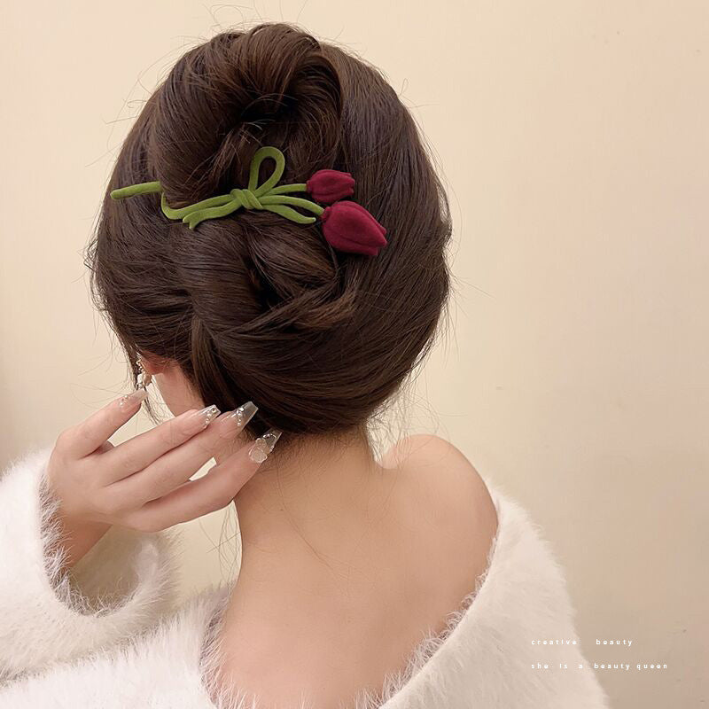 Flocking Tulip Barrettes Female Back Head Hair Updo