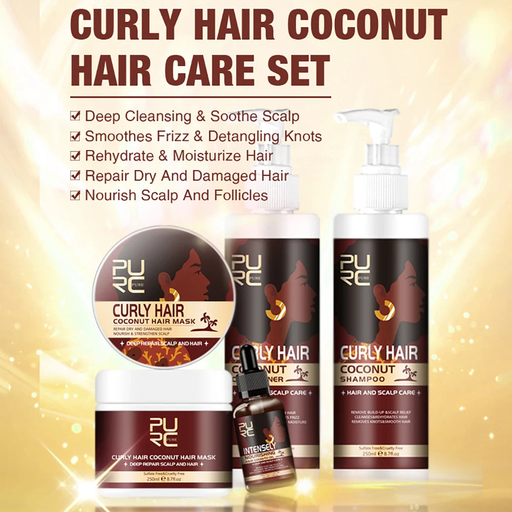 PURC Coconut Oil Hair Care Set Curly Shampoo Natural Organic Conditioner And Hair Mask For Black Women Scalp Treatment Products