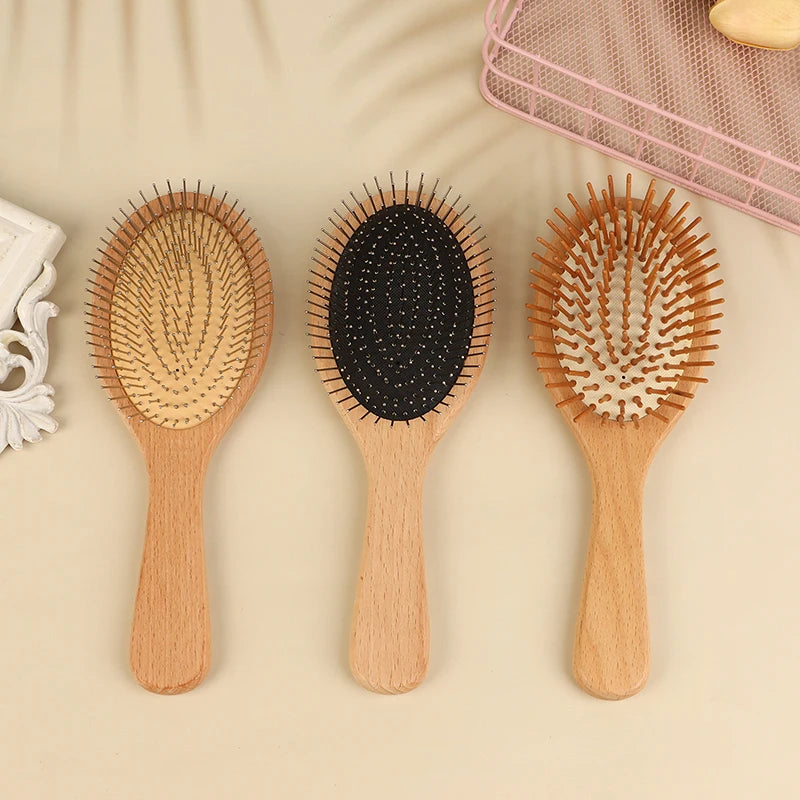 1pc Bamboo Hair Brush Steel Needle Hair Scalp Massage Comb Anti-Static Natural Paddle Airbag Cushion Handle Brushes