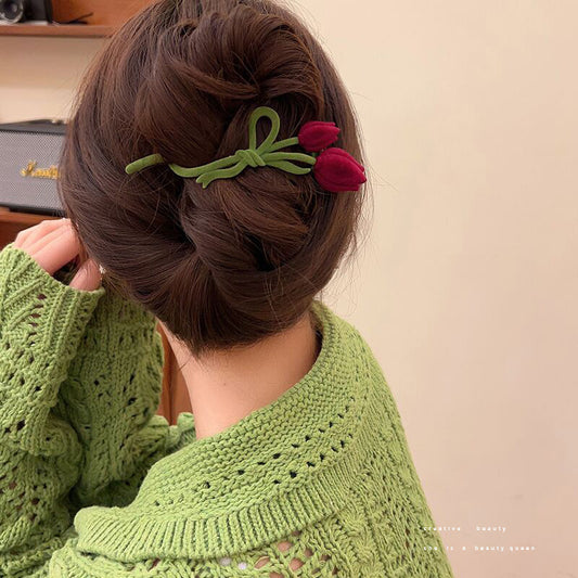 Flocking Tulip Barrettes Female Back Head Hair Updo